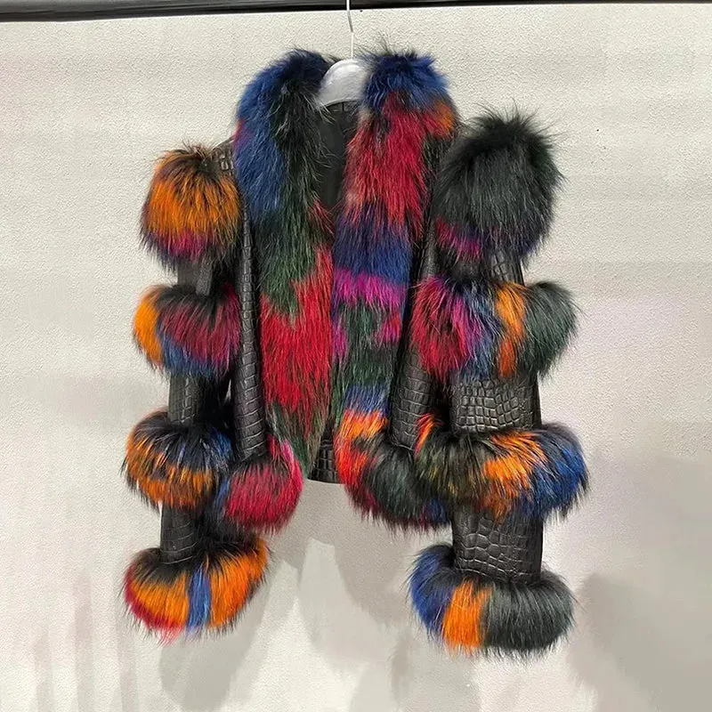 Genuine Leather Bomber and Fox Fur Collar Raccoon Fur Trim Coats